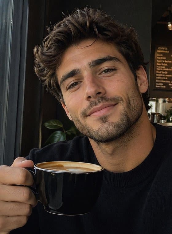 A freelancer smiling over coffee in a café