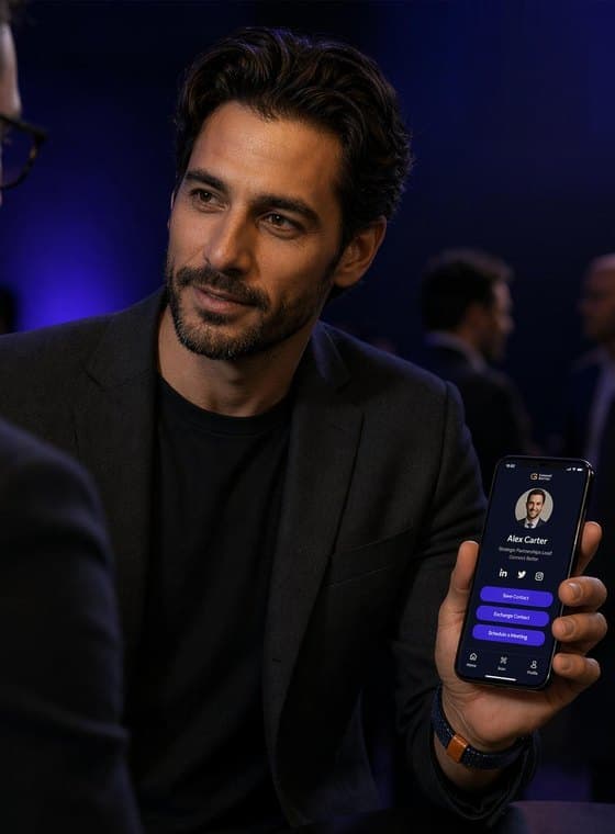A partnerships lead shares his profile on his phone at an event, wearing the Signature Cuff