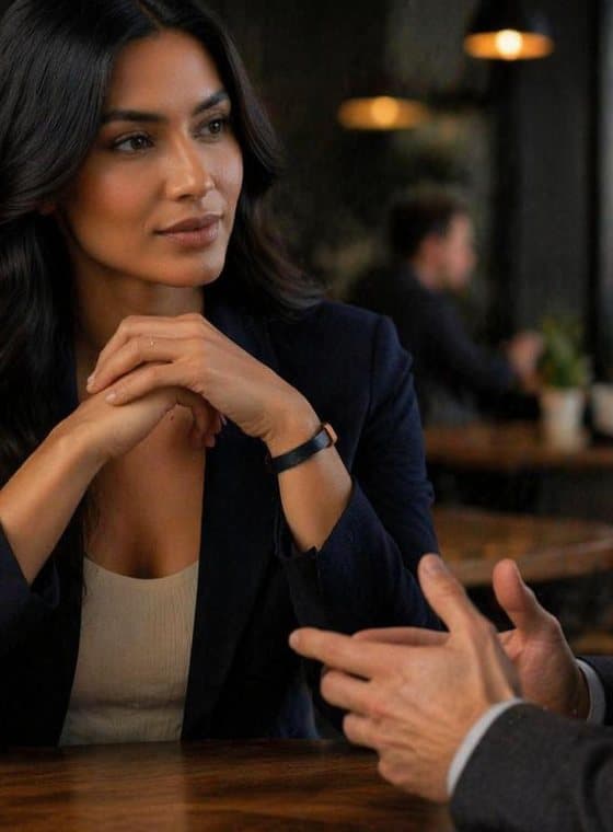 A saleswoman wearing the Signature Cuff in a client meeting