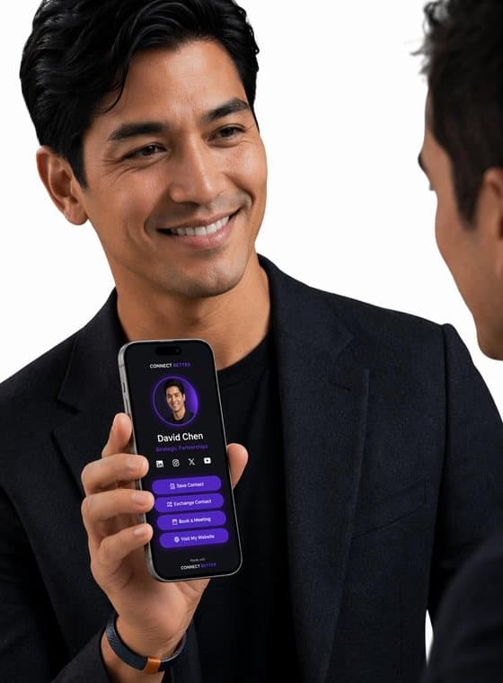 A smiling speaker shows his profile on his phone