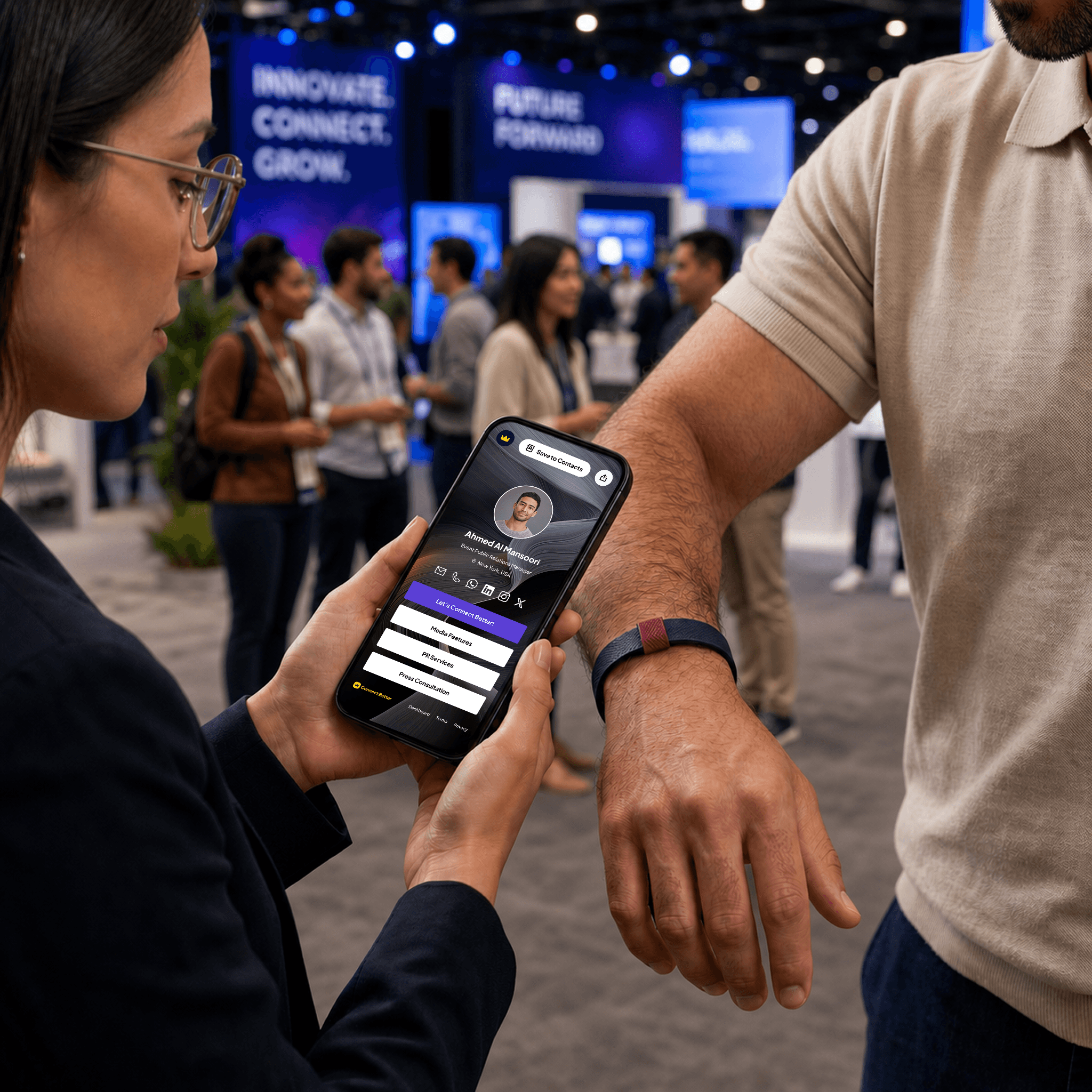 Theme & branding preview — Attendee tapping a Signature Cuff to open a Connect Profile at an event