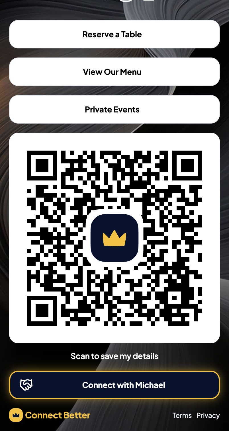 A Connect Profile ending with a QR code block and the Connect button directly underneath.
