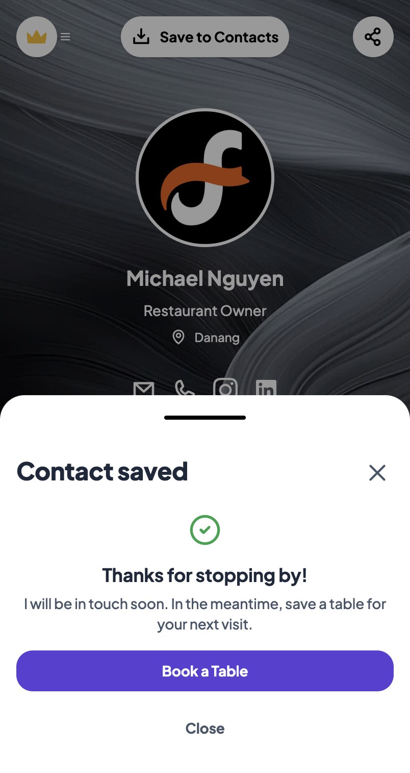 The follow-up panel shown after a visitor saves the contact, with a thank-you message and a Book a Table button.