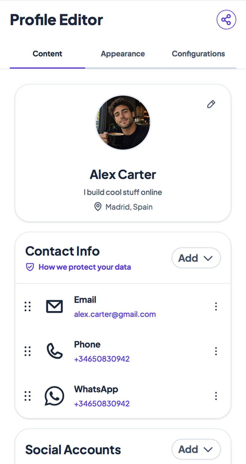 The Connect Profile editor with contact details, social accounts, and custom links.