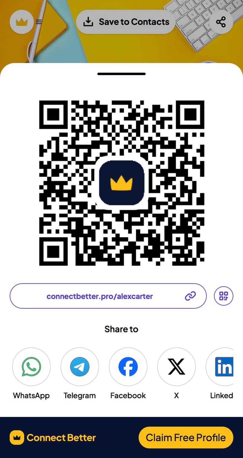 Sharing a Connect Profile by QR code or link.